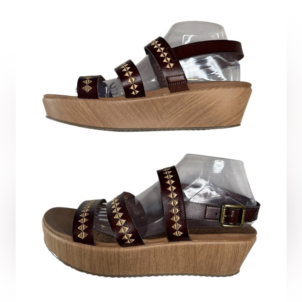 Skechers Brown Leather Wedge Sandals 10 Coastal Resort Preppy Y2K Soft Girl - Picture 5 of 8